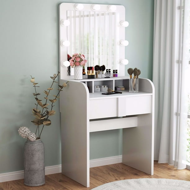 Details about  / Vanity Set with 12 LED Lighted Mirror Makeup Dressing Table Dresser Desk BK//WH